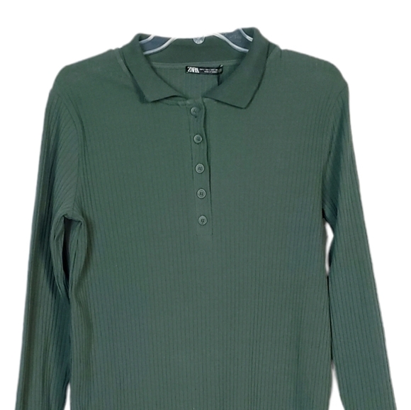 ZARA ribbed polo collar long sleeve midi dress hunter green - Picture 3 of 7